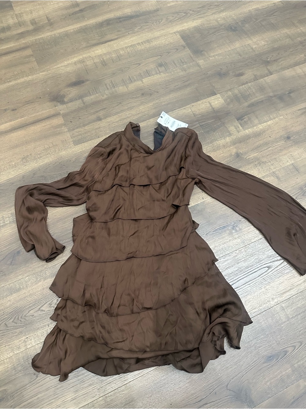 Zara Brown Tiered Long-Sleeve Dress